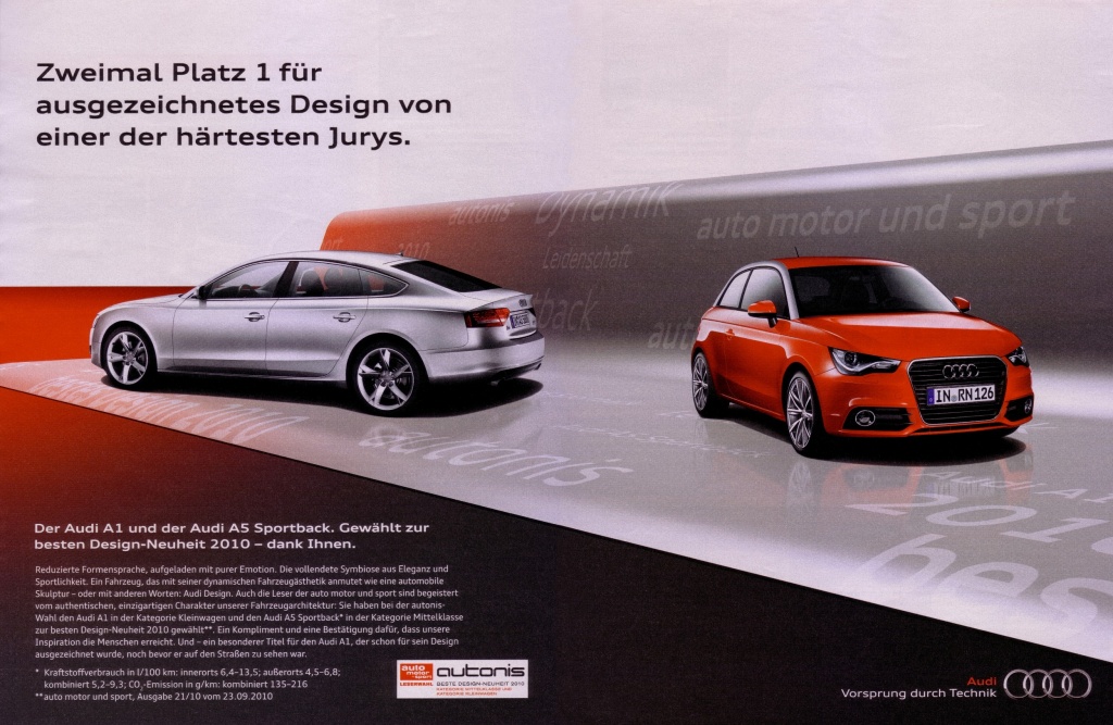 Audi A1 und A5 Sportback (2011):
Zwei mal Platz 1 für ausgezeichnetes
Design voneiner der härtesten Jurys.